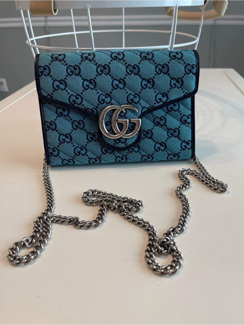 Gucci Marmont Quilted Crossbody Blue Silver Nice